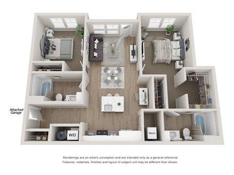 Floor plan for 2 beds, 2 baths, 1140 sqft